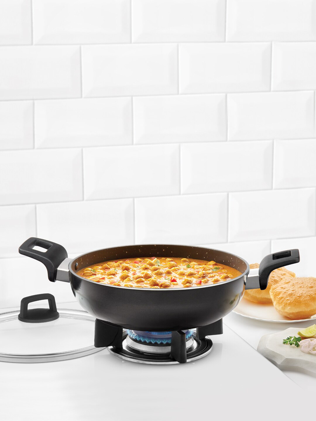 BOROSIL Black Solid Non-Stick Induction Base Aluminium Kadhai With Lid