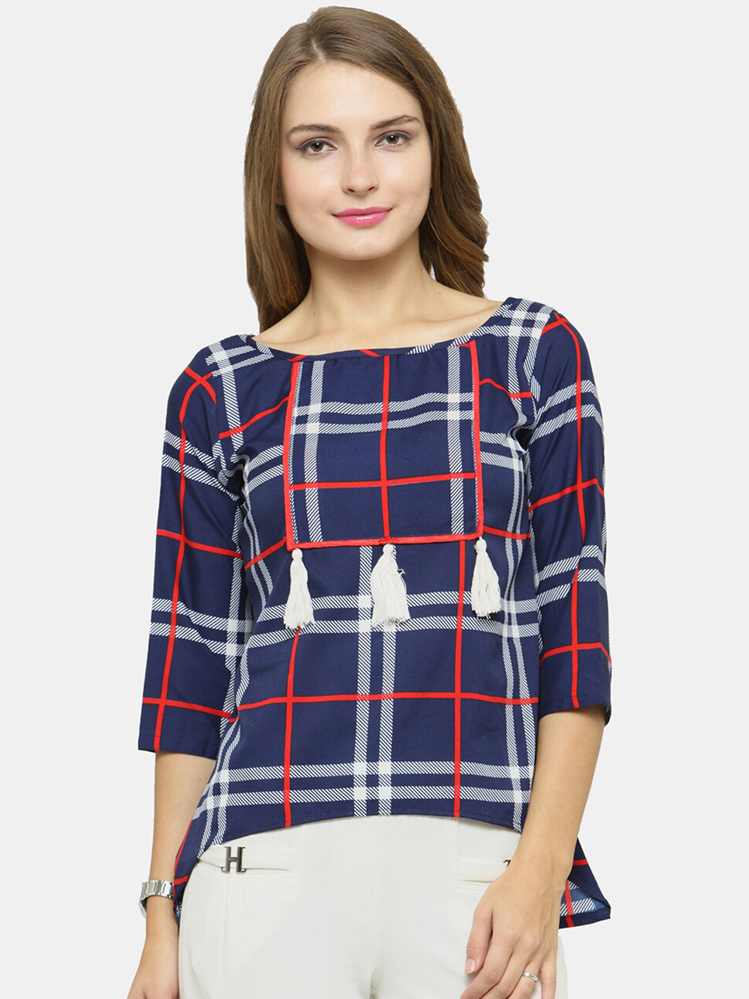 Enchanted Drapes Blue Checked Crepe High Low Top