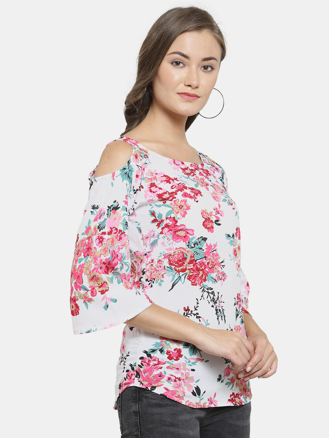 Enchanted Drapes White & Pink Floral Print Crepe Top