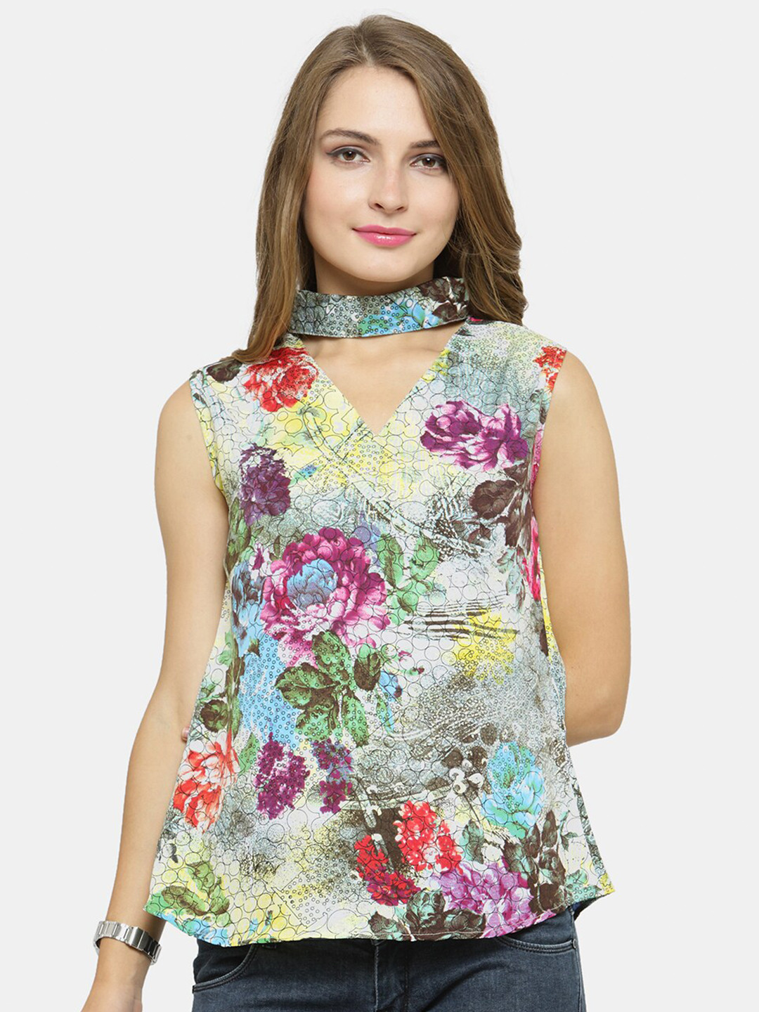 Enchanted Drapes Blue & Purple Floral Print Choker Neck Crepe Top