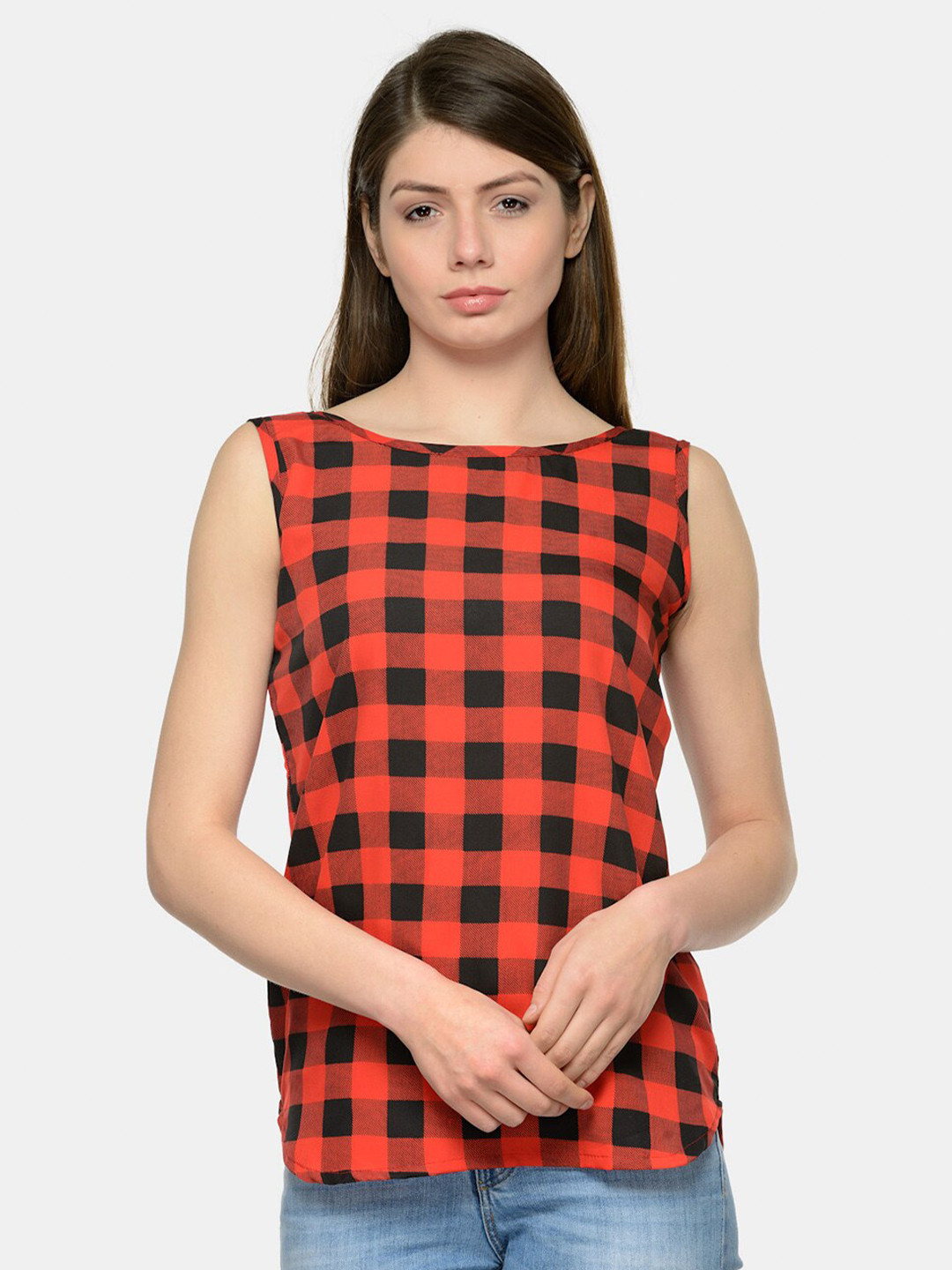 Enchanted Drapes Red Checked Crepe Top