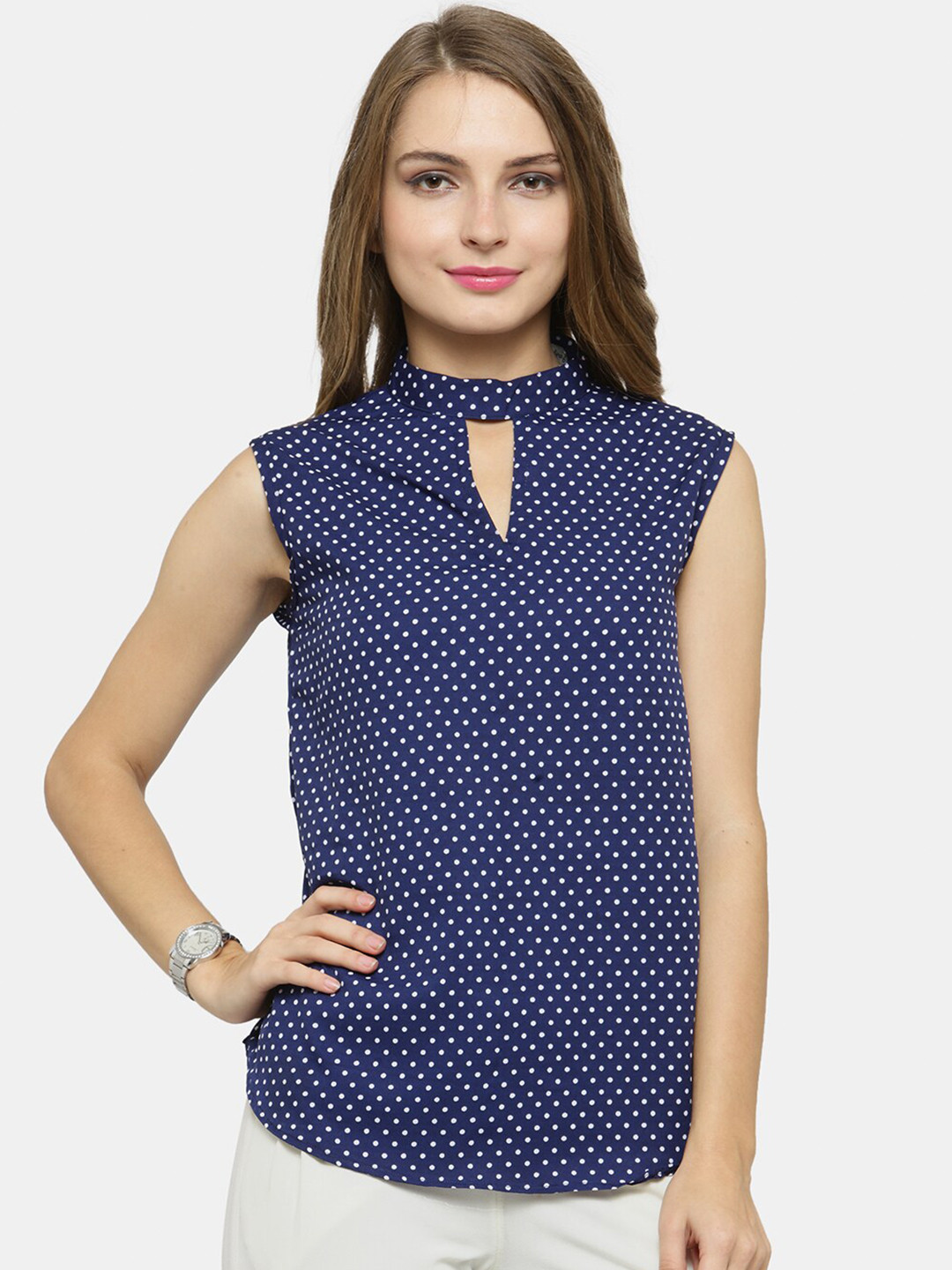 Enchanted Drapes Blue & White Polka Dot Print Choker Neck Crepe Top