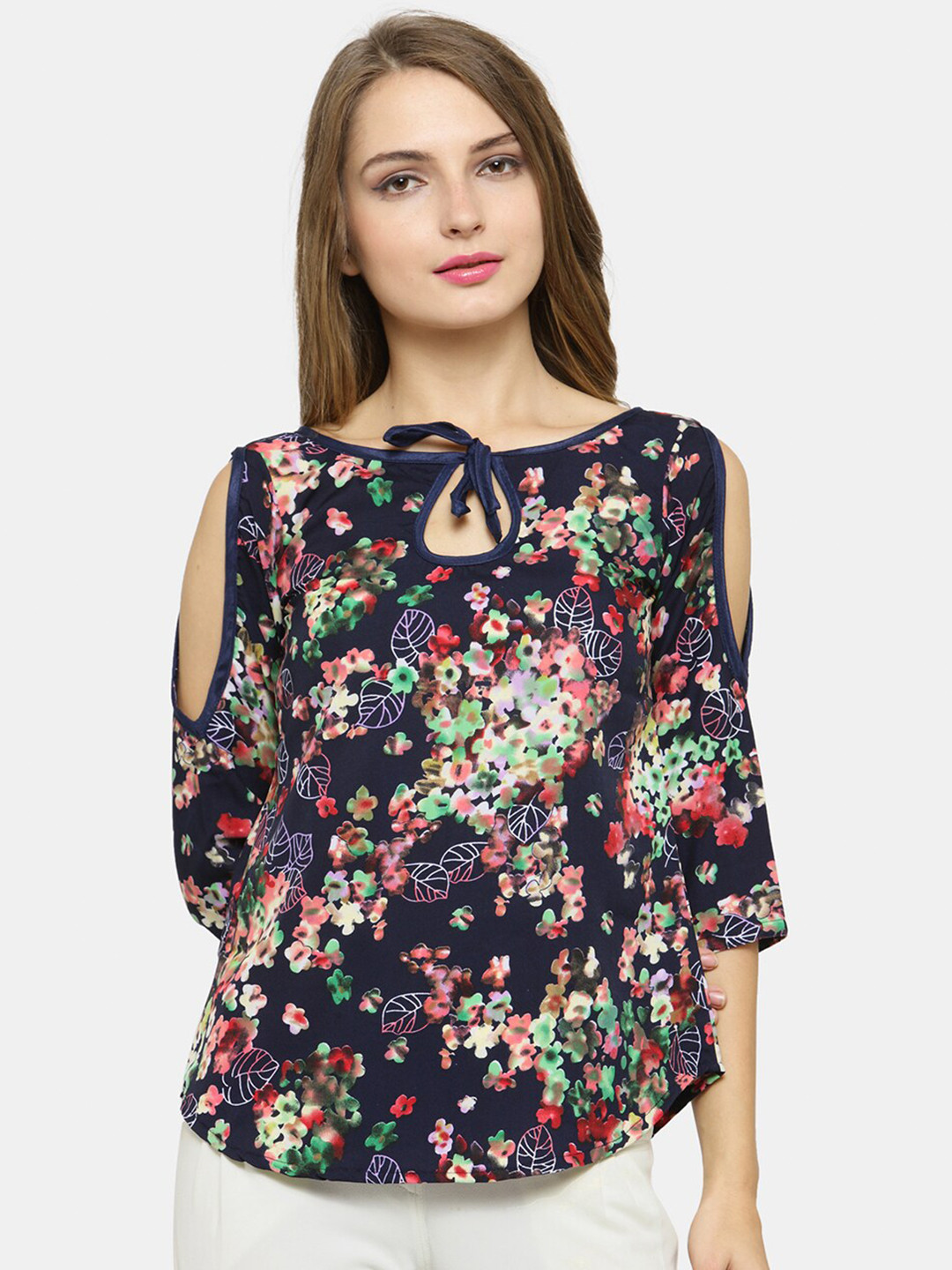 Enchanted Drapes Blue Floral Print Keyhole Neck Crepe Top