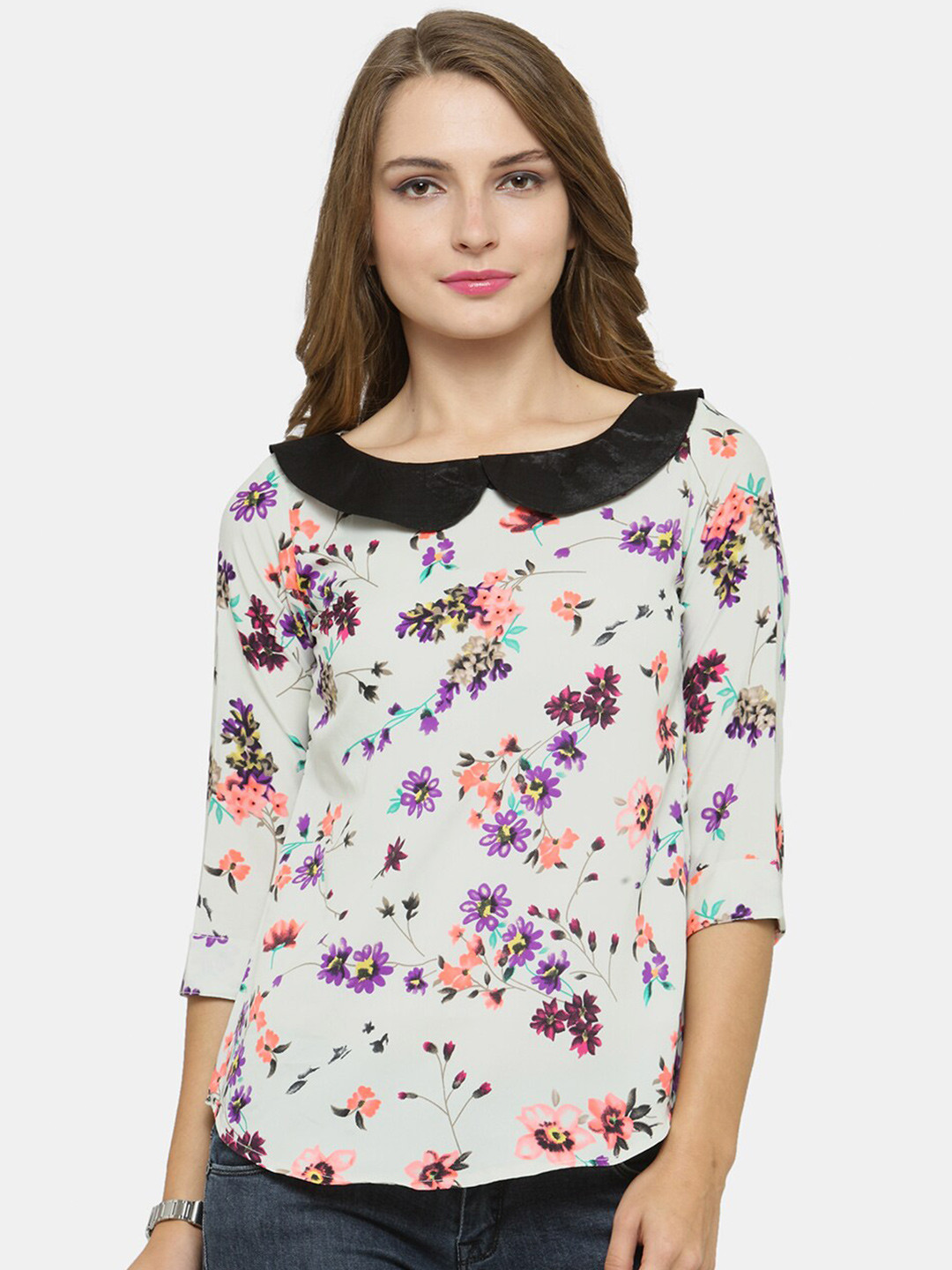 Enchanted Drapes White & Purple Floral Print Peter Pan Collar Crepe Top