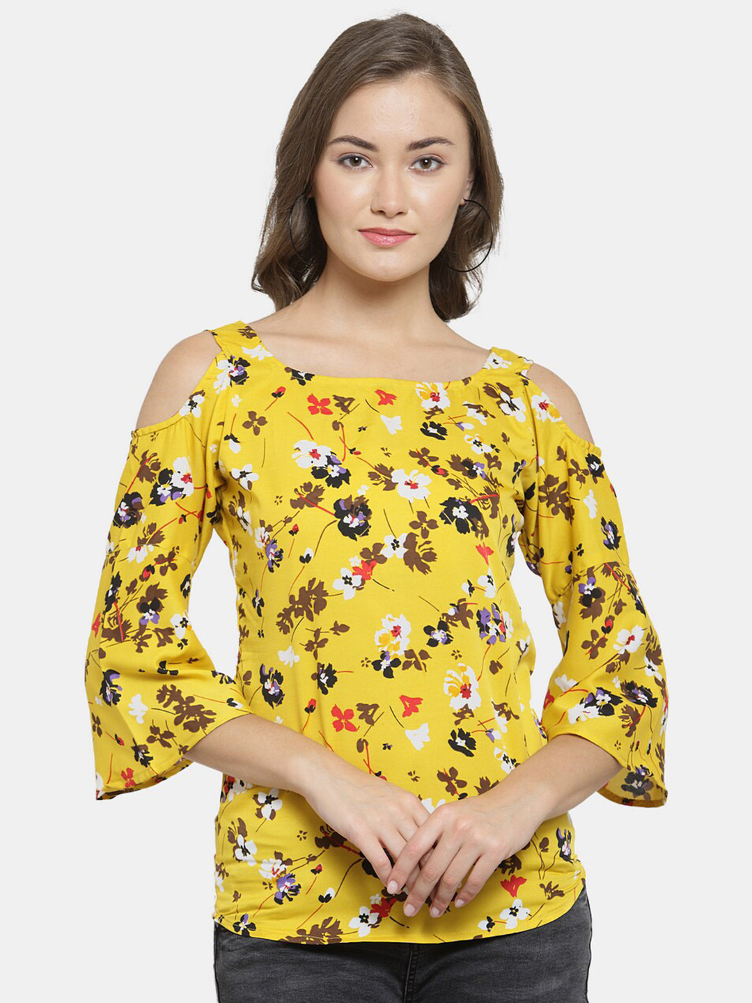 Enchanted Drapes Yellow Floral Print Crepe Cold Shoulder Top
