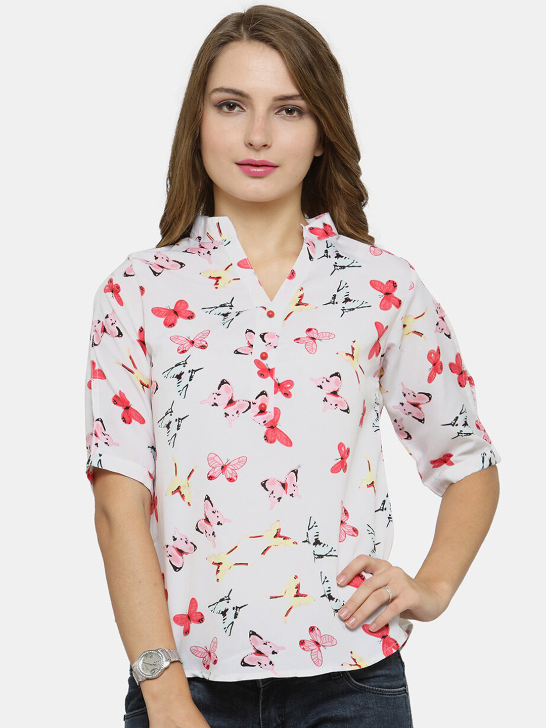 Enchanted Drapes White Floral Print Crepe Shirt Style Top