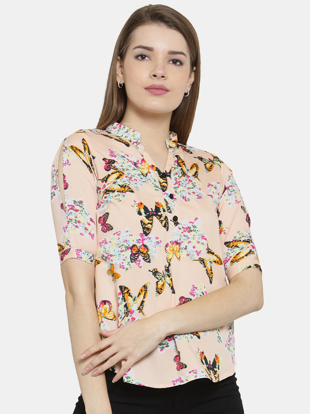 Enchanted Drapes Beige Floral Print Mandarin Collar Crepe Top