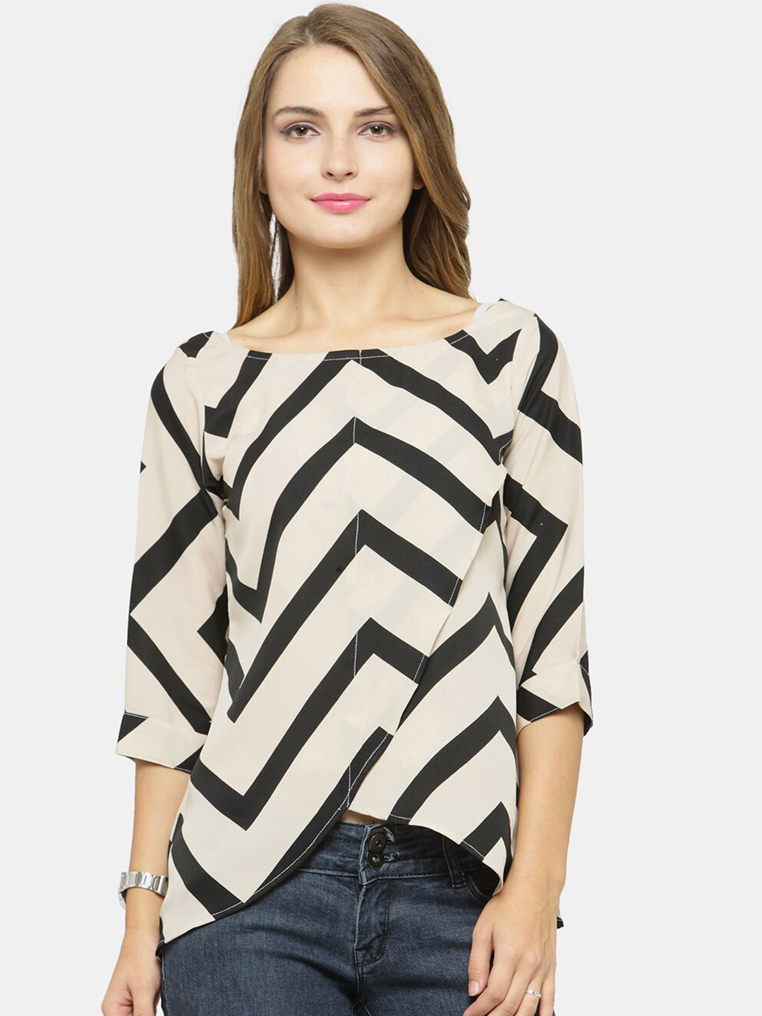 Enchanted Drapes Beige Geometric Print Crepe Top