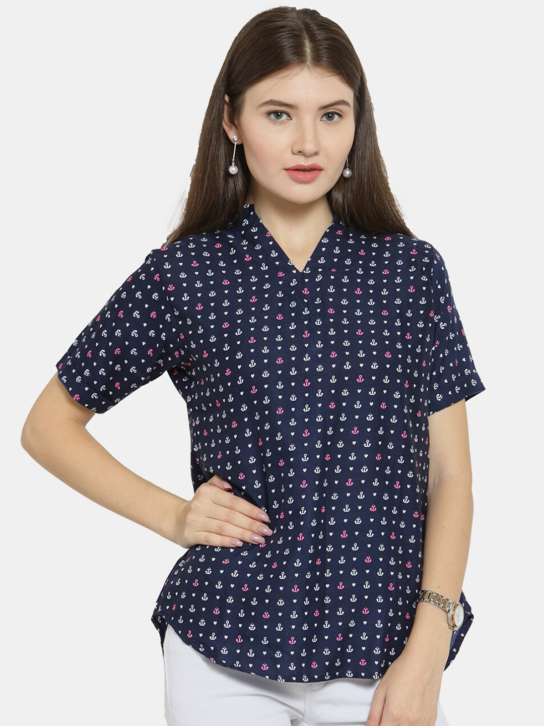 Enchanted Drapes Blue & White Geometric Print Mandarin Collar Crepe Shirt Style Top