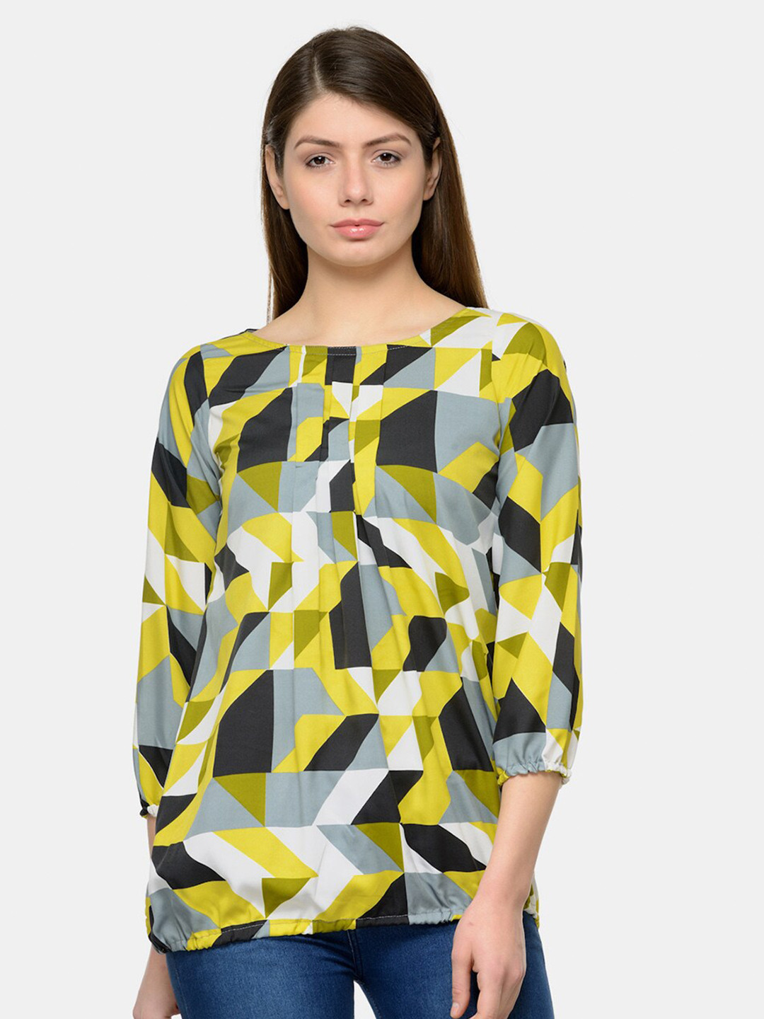 Enchanted Drapes Yellow & Black Geometric Print Crepe Blouson Top