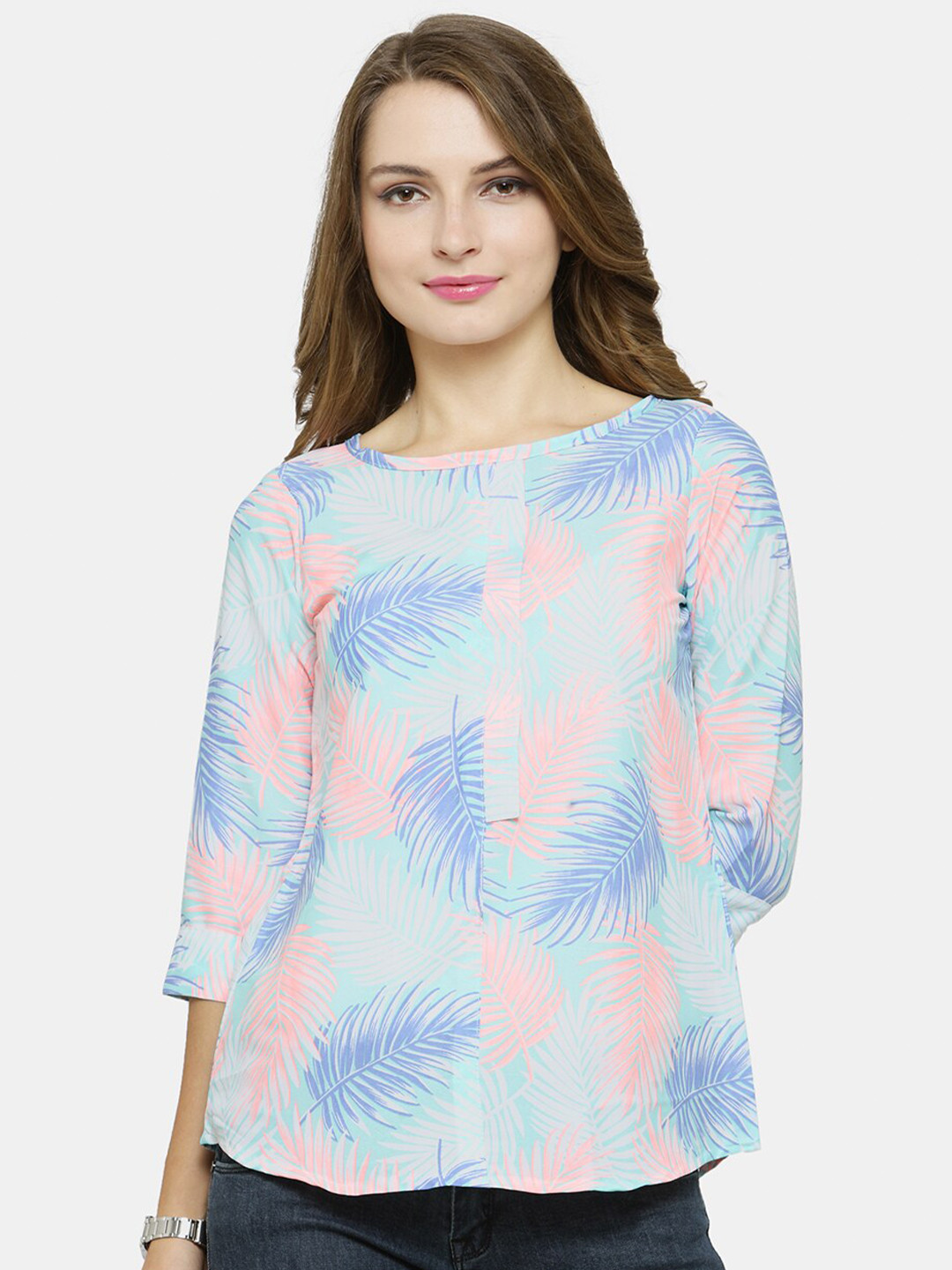 Enchanted Drapes Blue & Pink Tropical Print Tropical Crepe Top