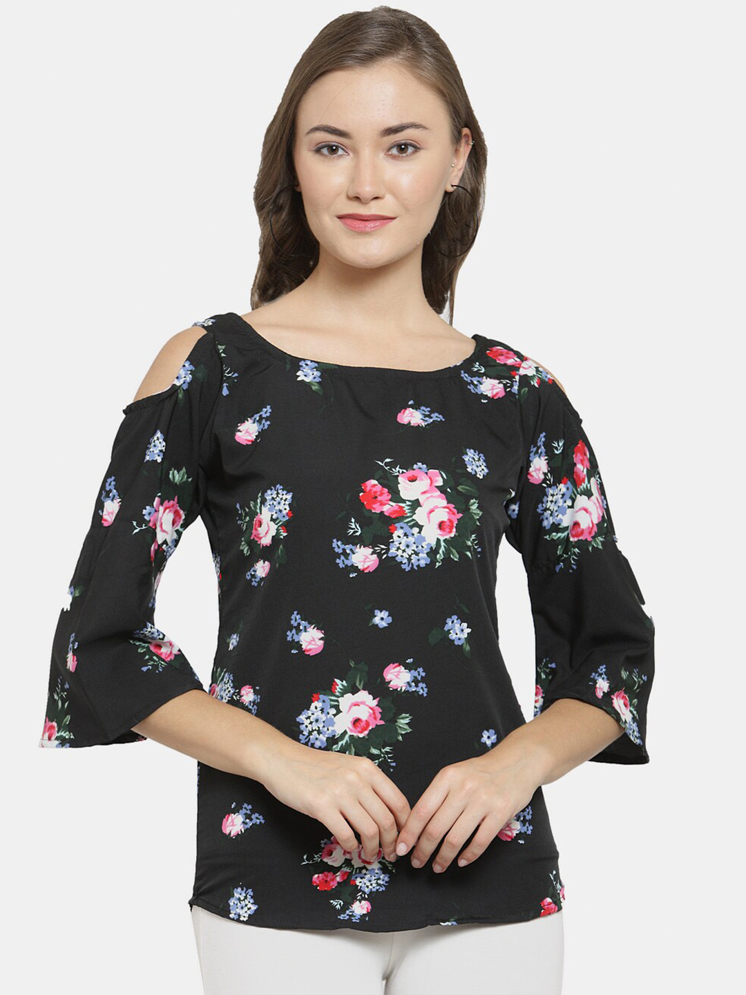 Enchanted Drapes Black Floral Print Crepe Top