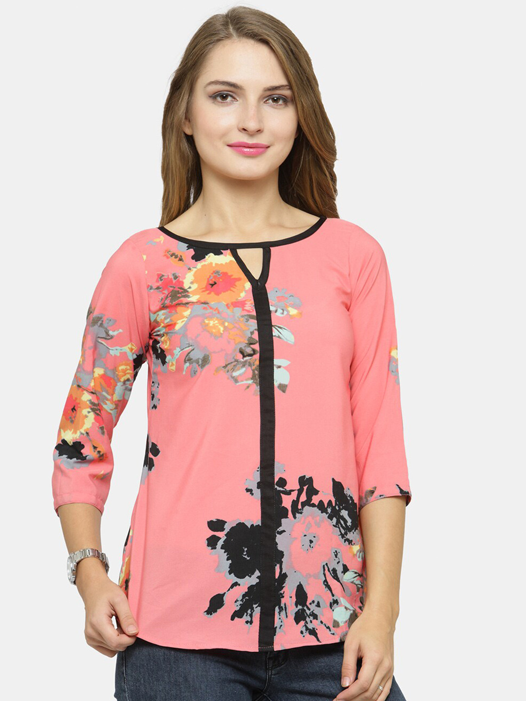Enchanted Drapes Peach Floral Print Keyhole Neck Crepe Top