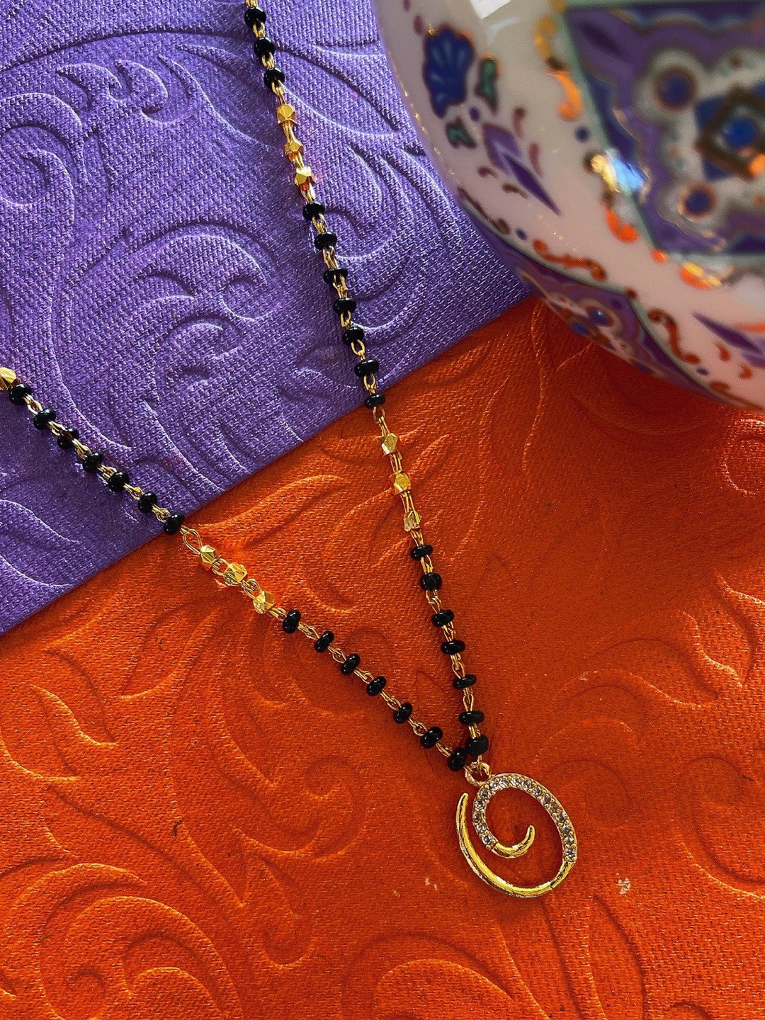 Digital Dress Room Gold-Plated Black & White Stone-Studded & Beaded O-Shaped Mangalsutra