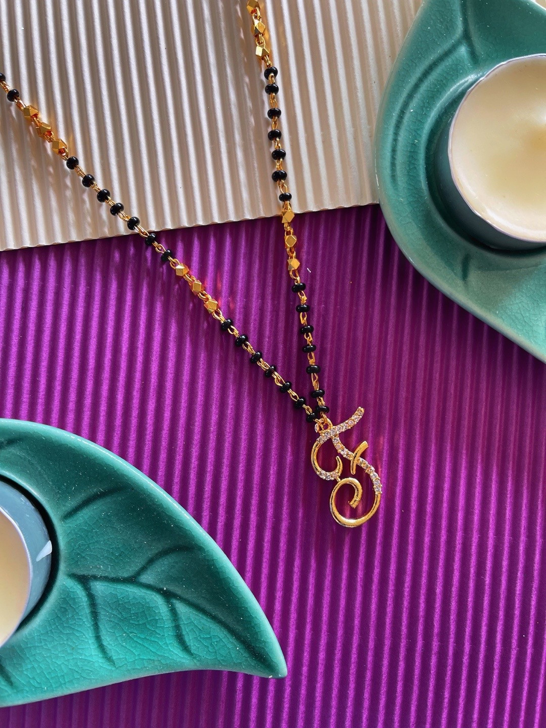 Digital Dress Room Gold-Plated Black & White Stone-Studded & Beaded F-Shaped Mangalsutra