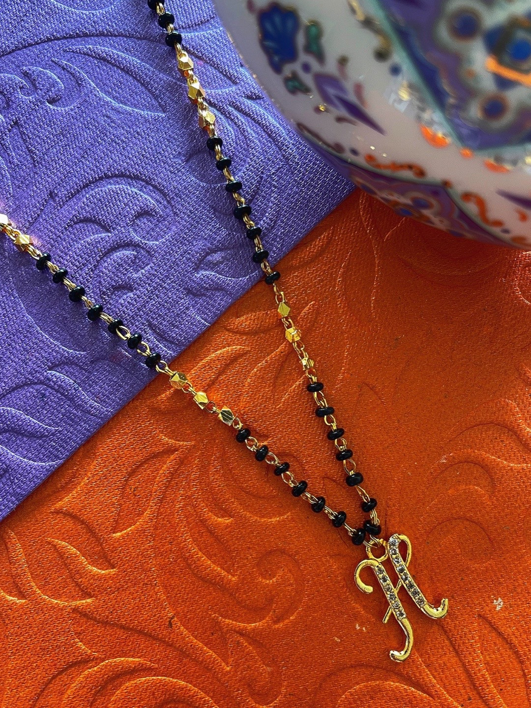 Digital Dress Room Gold-Plated Black & White Stone-Studded & Beaded H-Shaped Mangalsutra