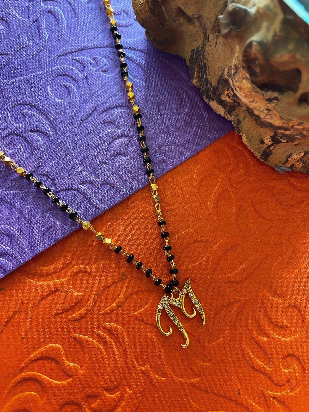 Digital Dress Room Gold-Plated M Letter Stone-Studded & Beaded Mangalsutra