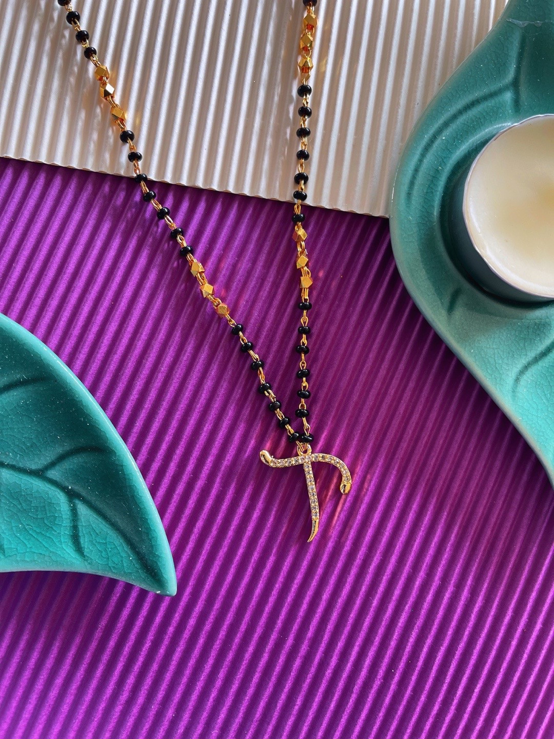 Digital Dress Room Gold-Plated Black & White Stone-Studded & Beaded T-Shaped Mangalsutra