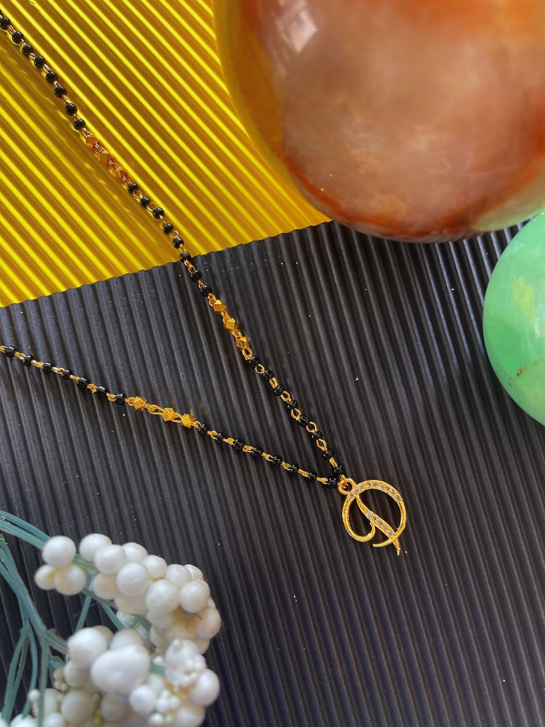 Digital Dress Room Gold-Plated Letter D Black Stone-Studded & Beaded Mangalsutra