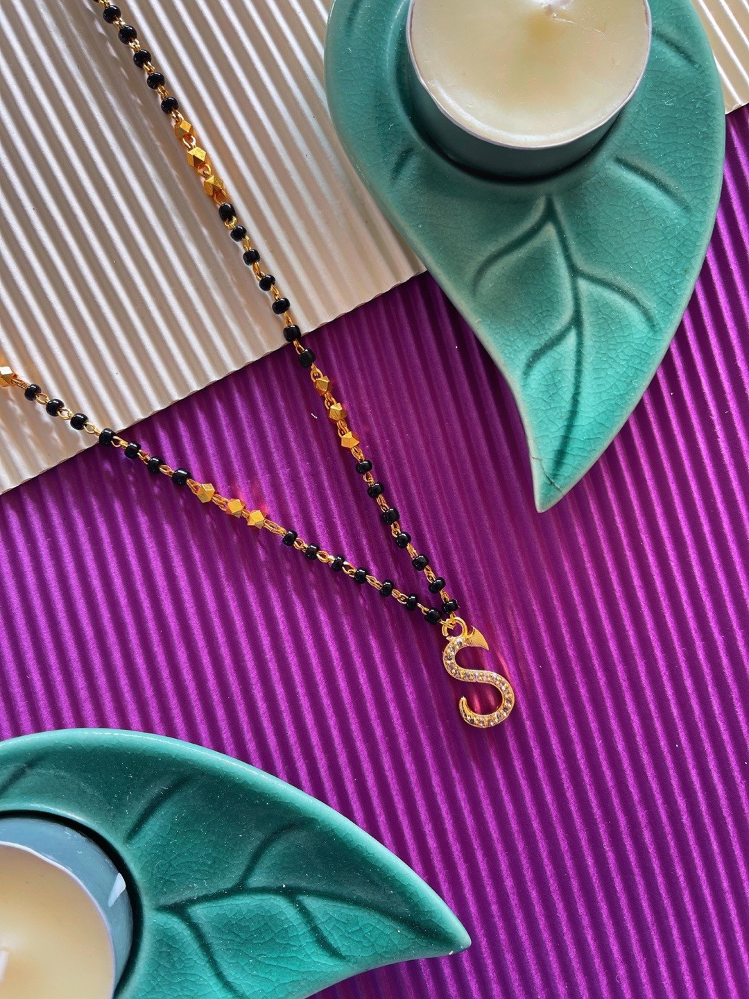 Digital Dress Room Gold-Plated Letter S Black Beaded Mangalsutra