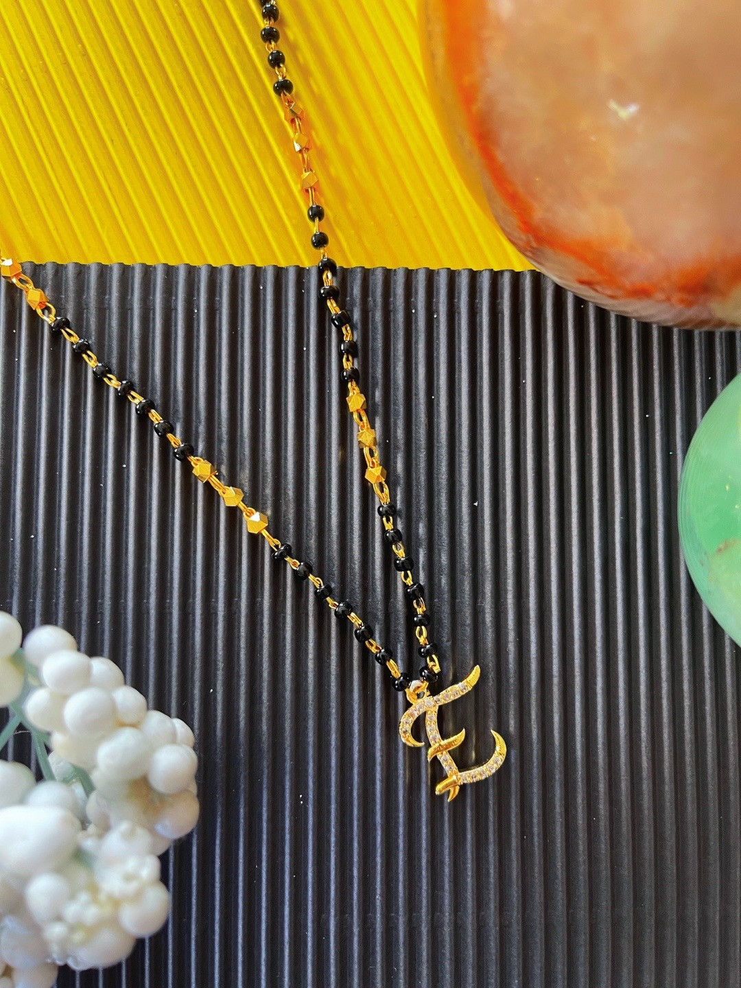 Digital Dress Room Gold-Plated Letter E Black Beaded Mangalsutra
