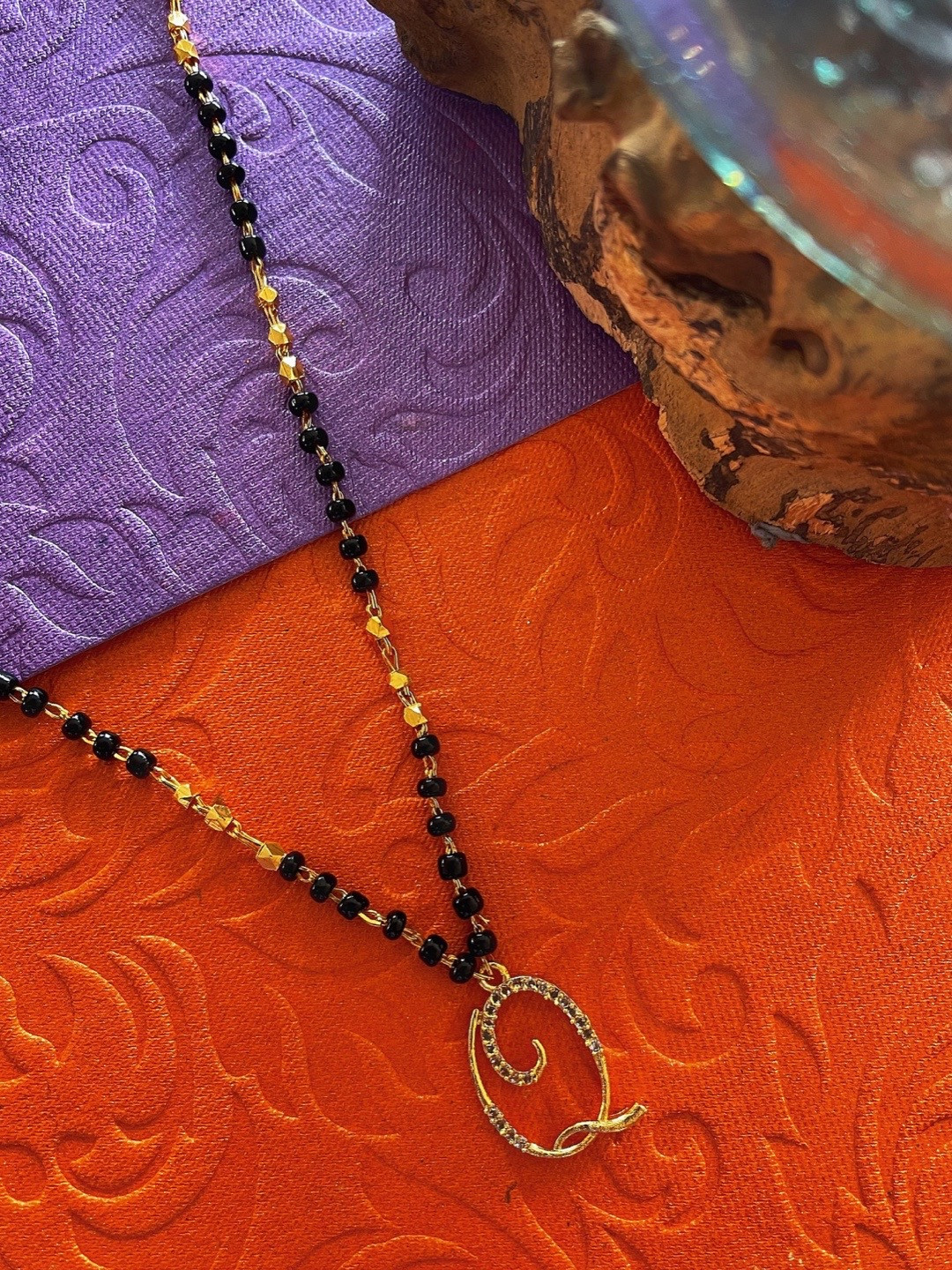 Digital Dress Room Gold Plated Letter Q White Stone Studded & Black Beaded Mangalsutra