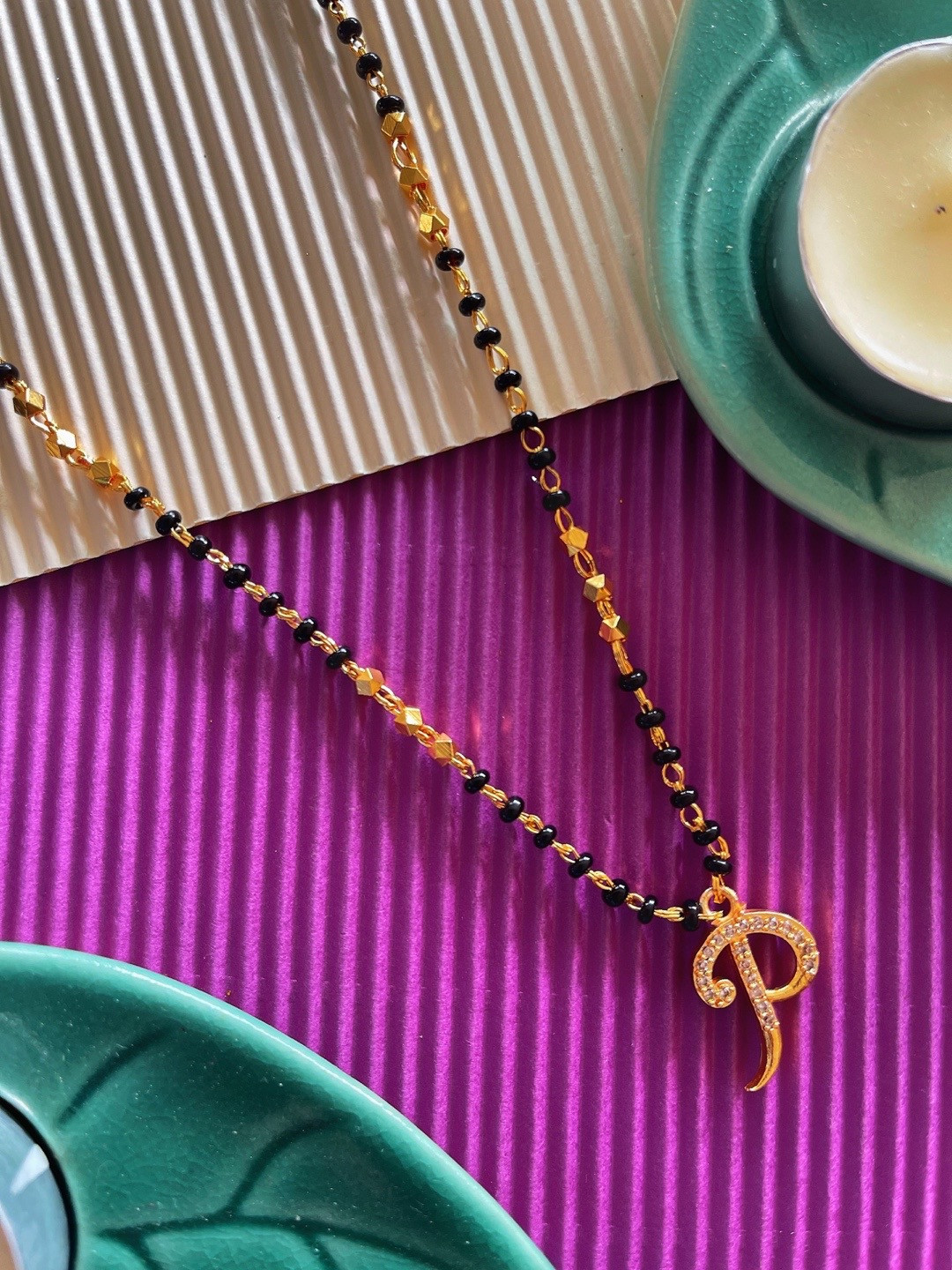 Digital Dress Room Gold-Plated Black & White Stone-Studded & Beaded P-Shaped Mangalsutra