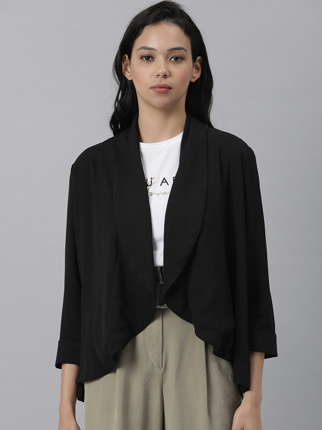 RAREISM Women Black Solid Open front Cropped Shrug