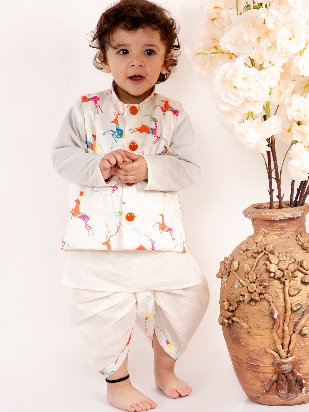 Little Bansi Boys Off White Animal Printed Layered Kurta with Dhoti Pants & Jacket