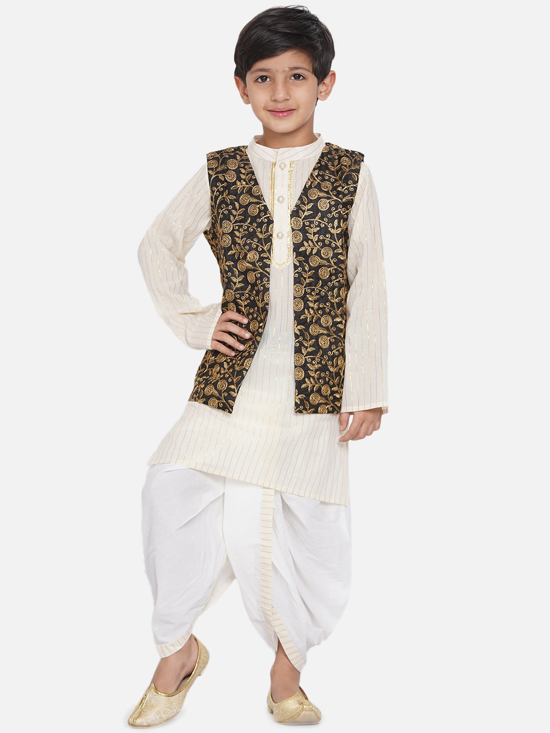 Little Bansi Boys White Striped Kurta & Dhoti Pants with Waistcoat