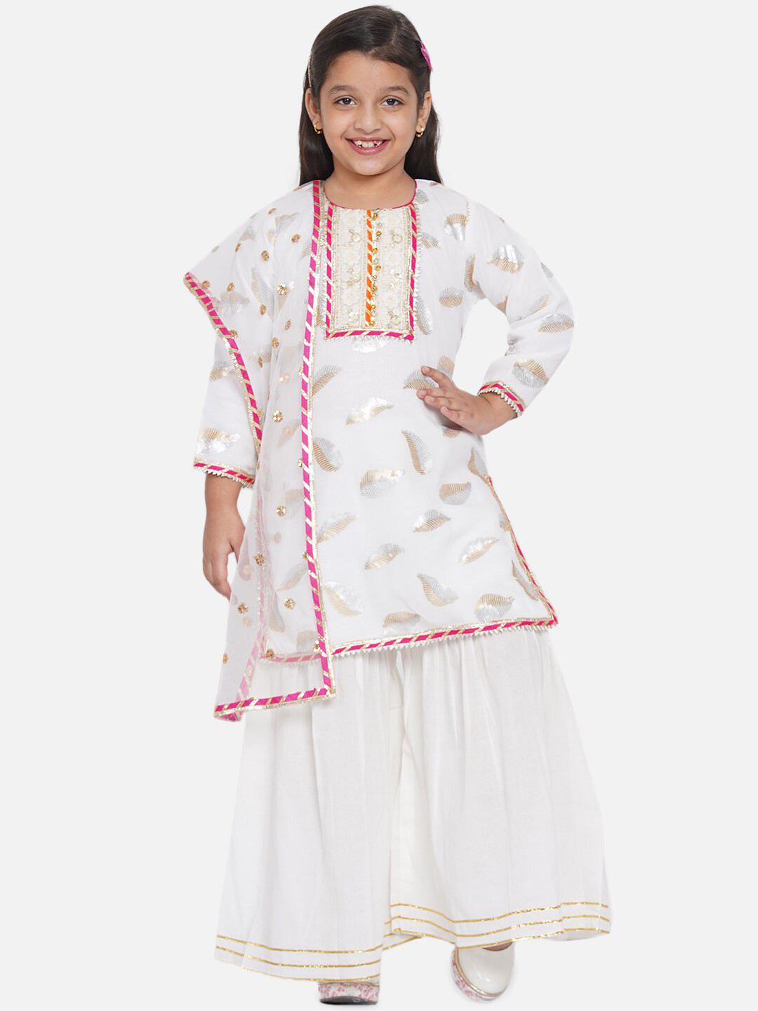 Little Bansi Girls White Floral Printed Kurti with Sharara & With Dupatta