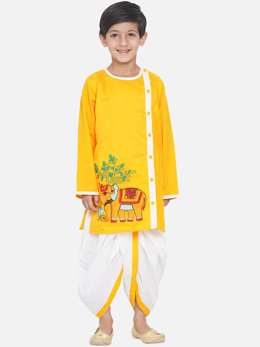Little Bansi Boys Yellow Ethnic Motifs Embroidered Kurta with Dhoti Pants