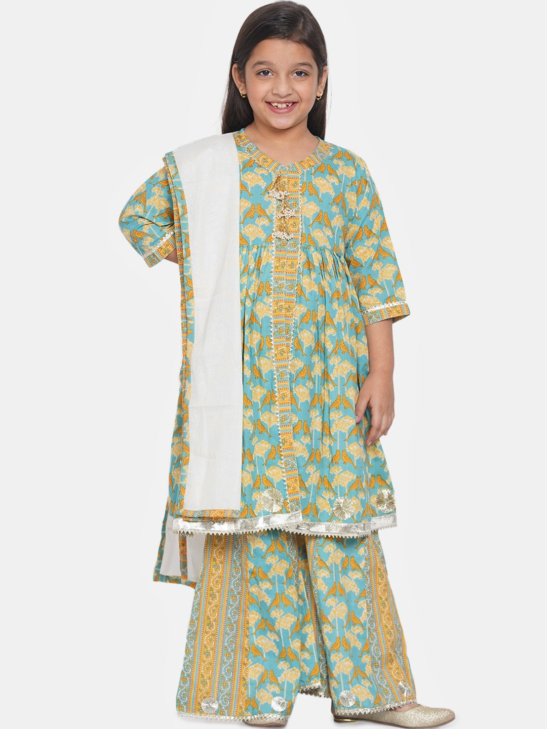 Little Bansi Girls Blue Ethnic Motifs Printed Pleated Pure Cotton Kurta with Sharara & With Dupatta