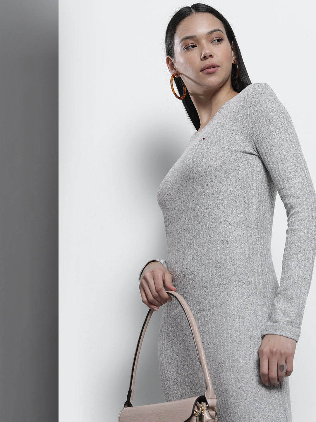 Tommy Hilfiger Grey Melange Ribbed Slim Fit Bodycon Midi Dress