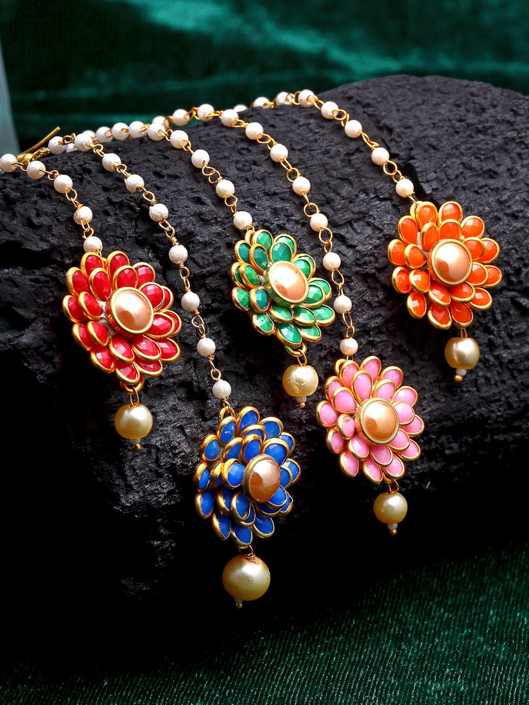 ZENEME Set Of 5 Multi Colour Gold-Plated & Stone Studded Mangtikka
