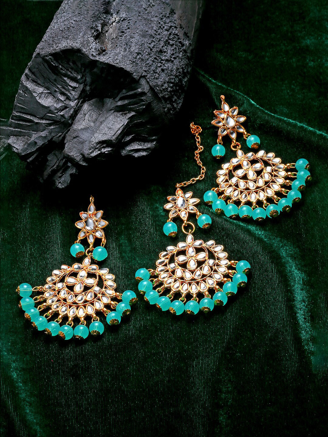ZENEME Blue Pearl Studded Handcrafted Kundan Maang Tika and Matching Earring Jewellery