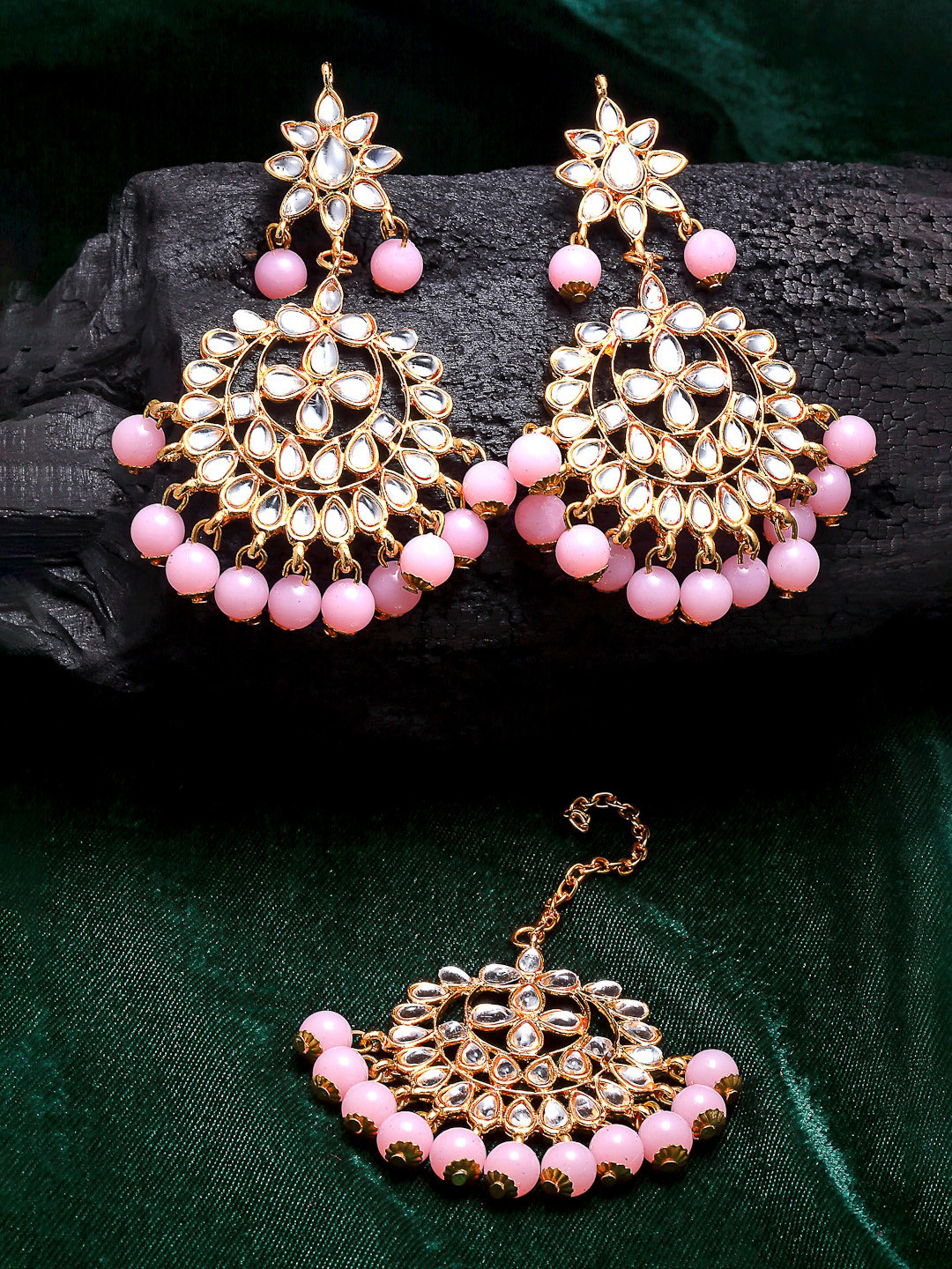 ZENEME Pink Pearl Studded Handcrafted Kundan Maang Tika and Matching Earring Jewellery