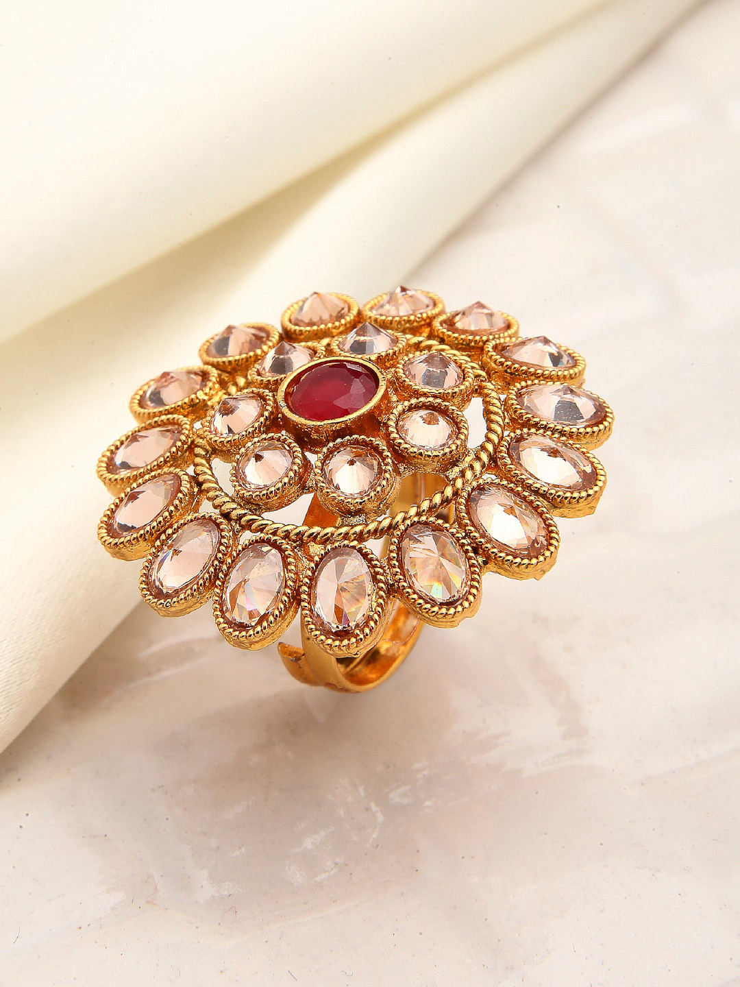 ZENEME Gold-Plated Red Cubic Zirconia Studded Adjustable Finger Ring