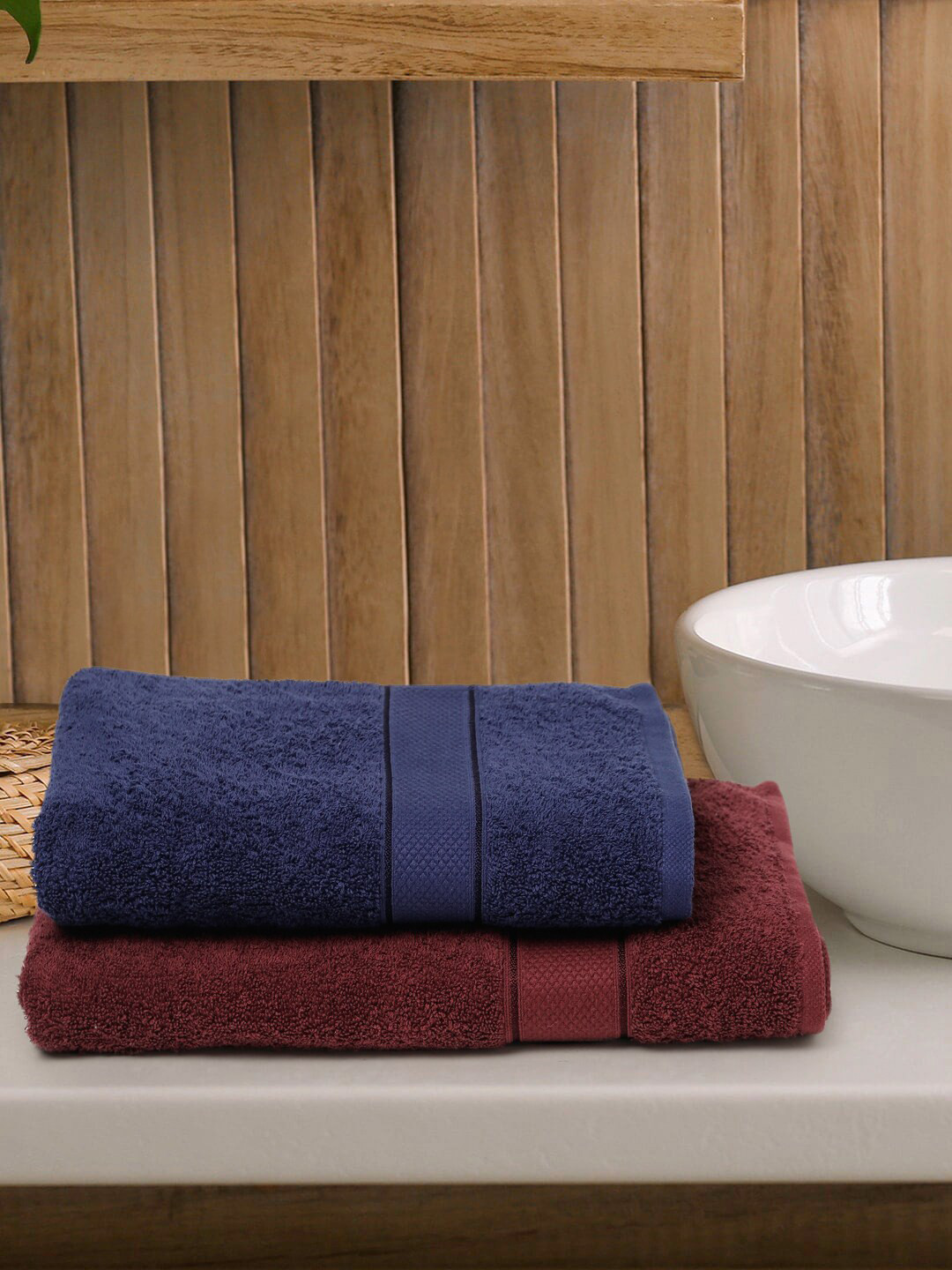 Creeva Burgundy & Navy Blue 2 Pc Solid 525 GSM Bath Towel Set