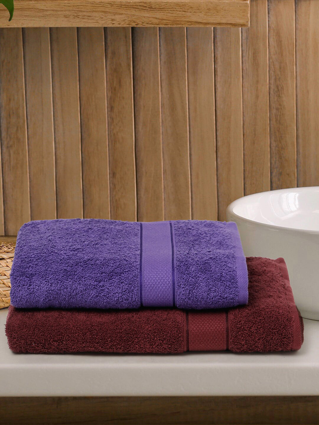 Creeva Unisex Burgundy & Violet Pack of 2 Couple Bath Set Towel