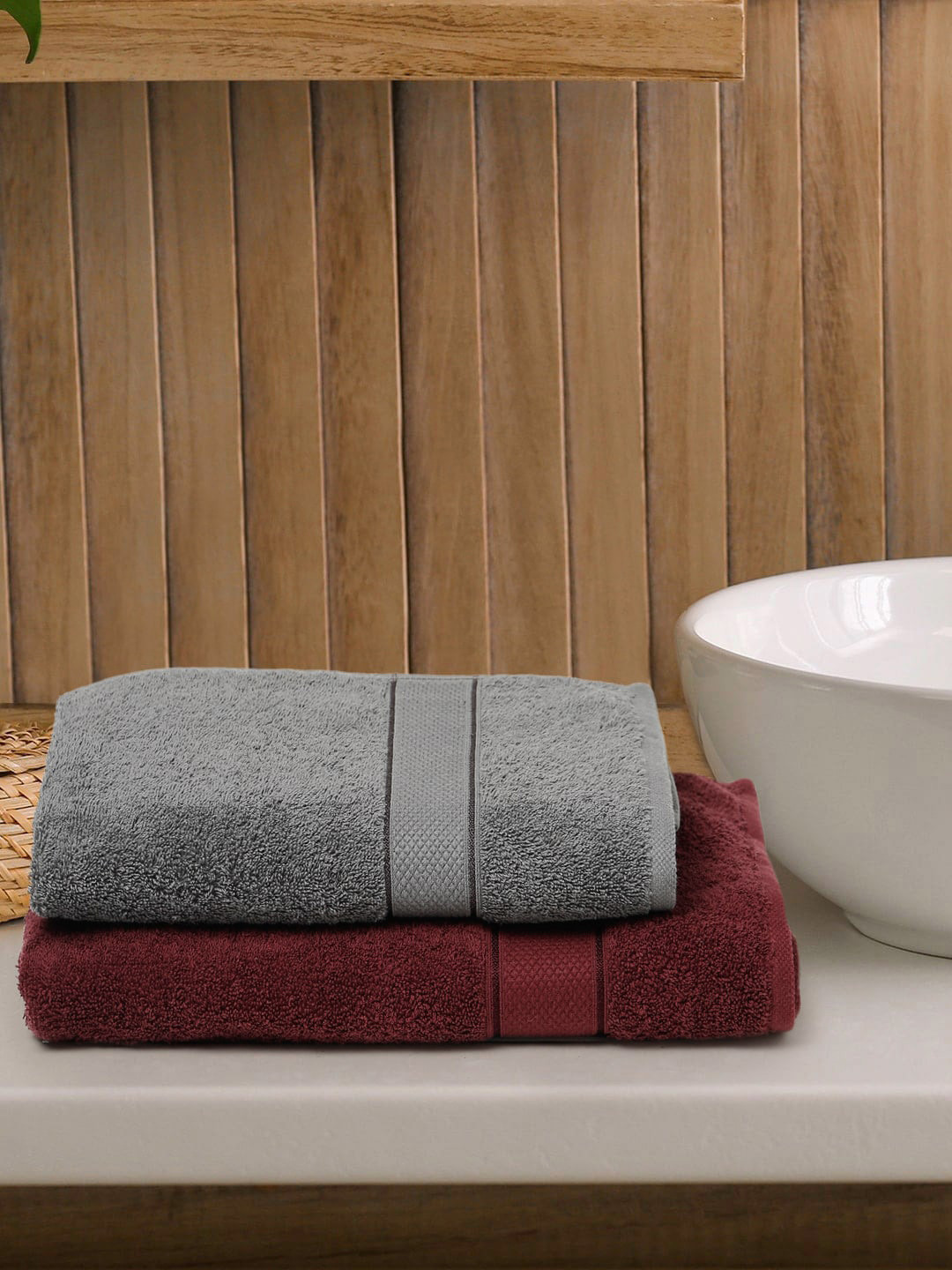 Creeva Burgundy & Grey 2 Pc Solid 525 GSM Bath Towel Set