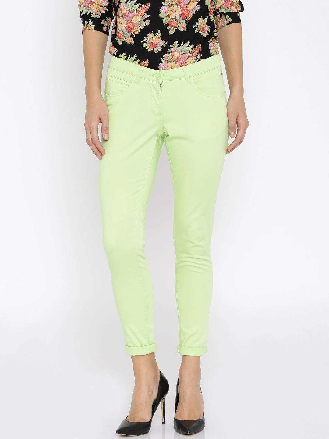 Park Avenue Women Green Solid Regular Fit Chino Trousers