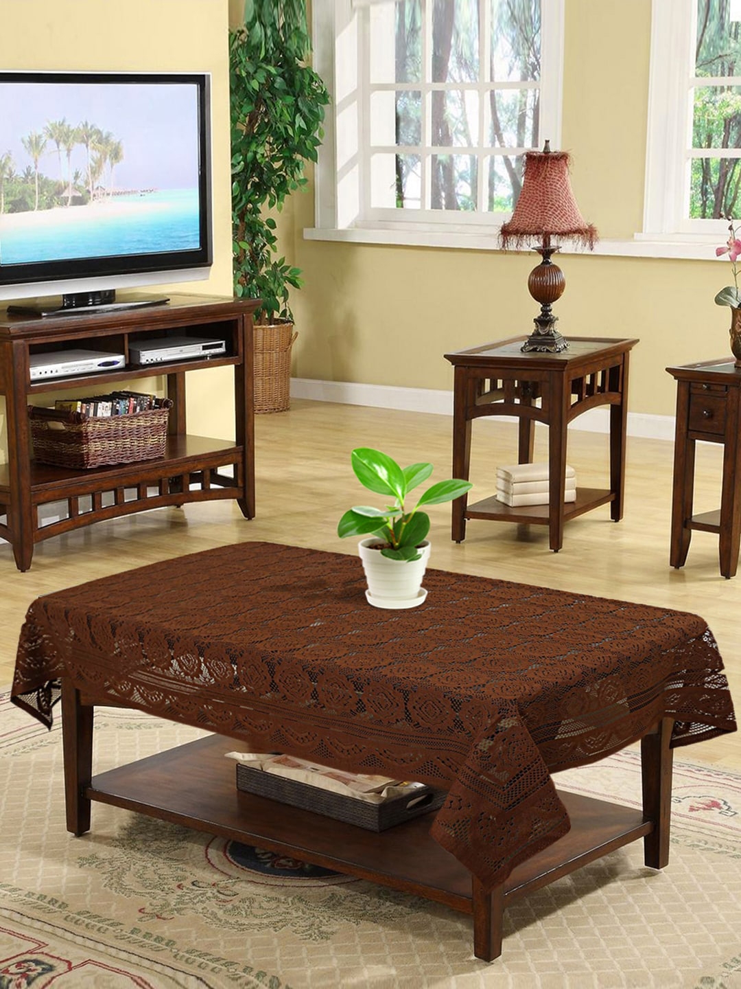 Kuber Industries Brown Self Design 4 Seater Rectangle Cotton Table Cover