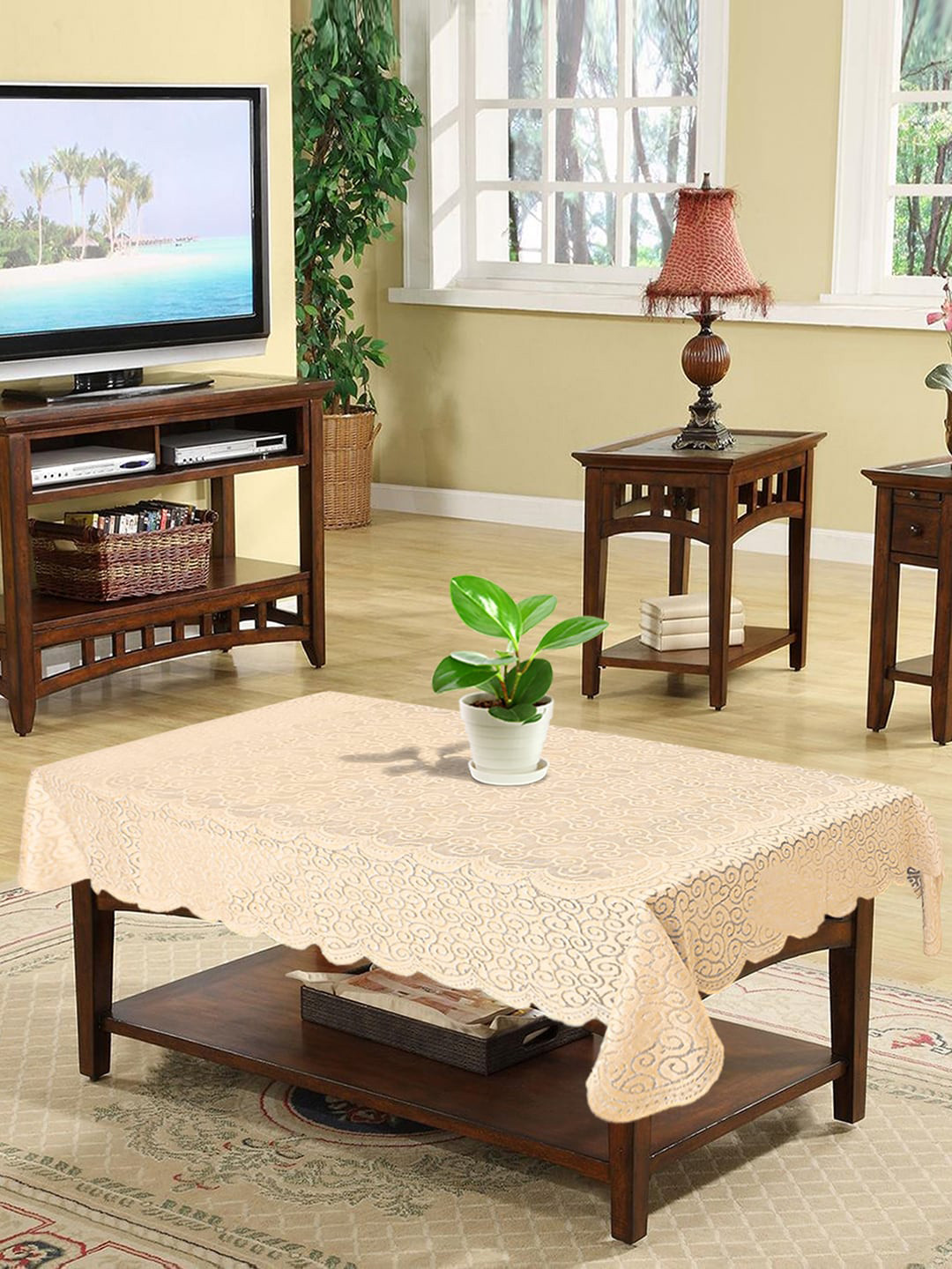 Kuber Industries Cream Printed 4 Seater Dinning Table Cover