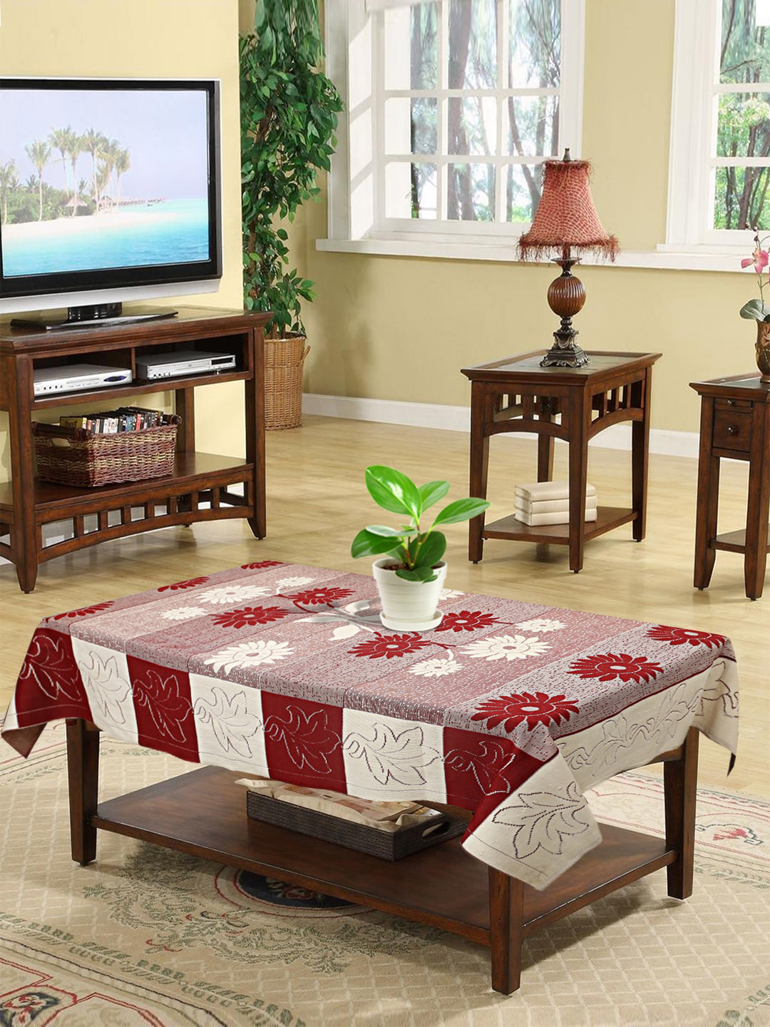 Kuber Industries Red & Cream Flower Print 4 Seater Cotton Table Cover
