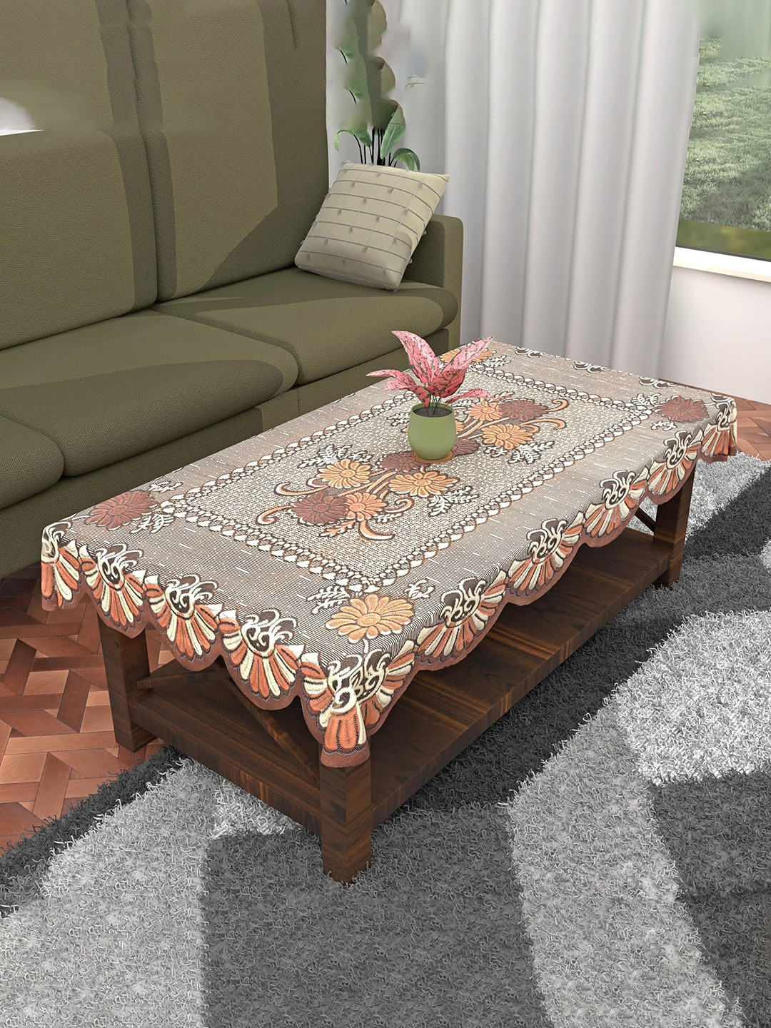 Kuber Industries Cream & Brown Printed 4-Seater Rectangular Table Cover