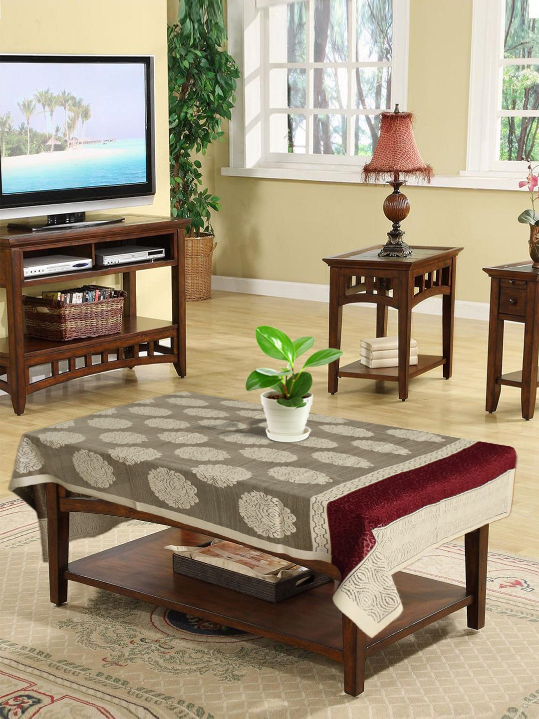 Kuber Industries Cream-Coloured & White Floral Printed 4-Seater Rectangle Cotton Table Cover