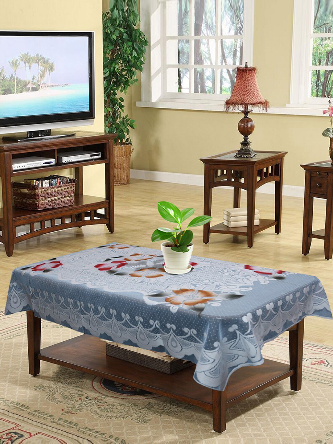 Kuber Industries Blue-Coloured & White Floral Printed 4-Seater Rectangle Cotton Table Cover