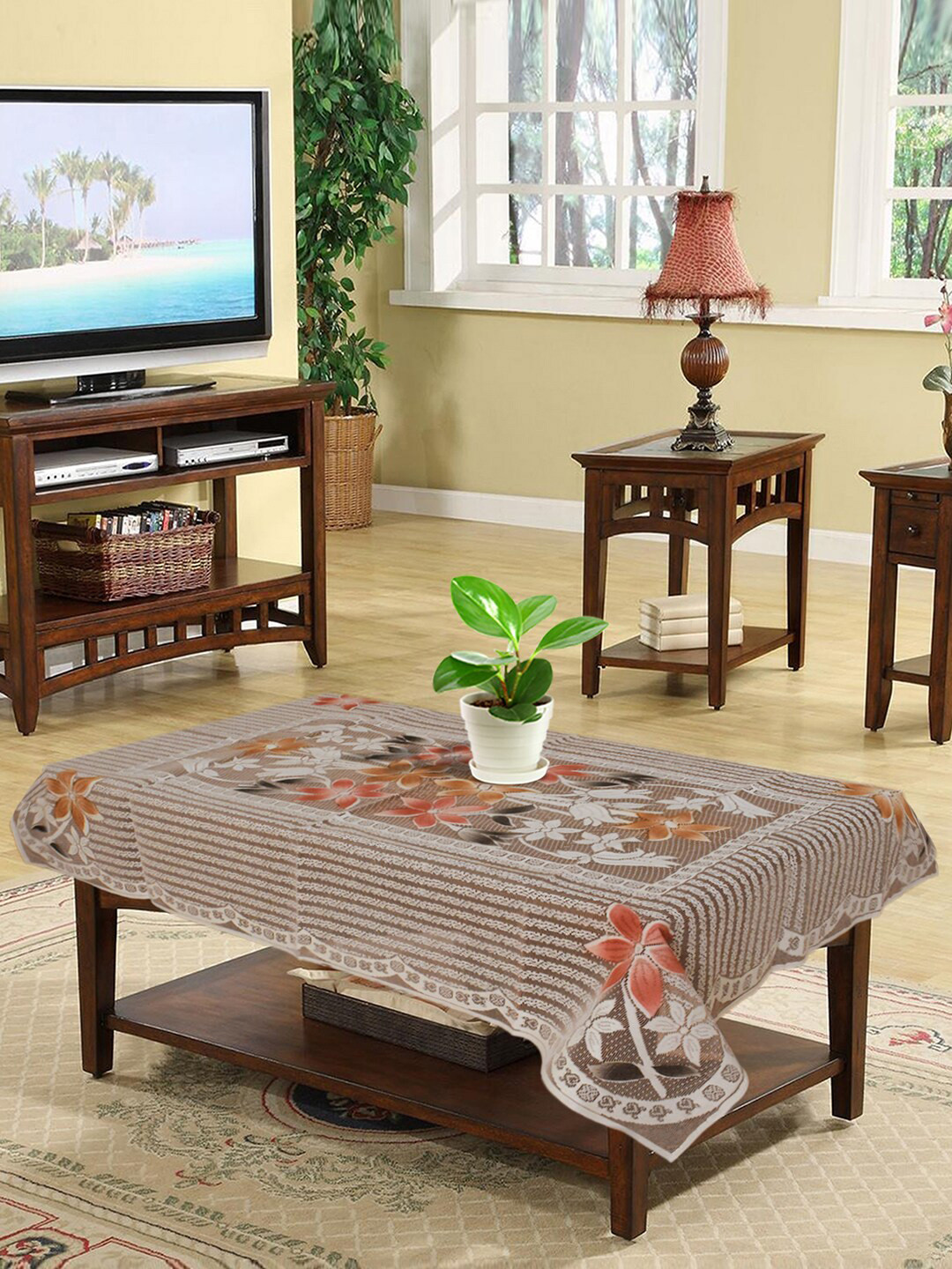 Kuber Industries White & Brown Floral Cotton 4 Seater Center Table Cover