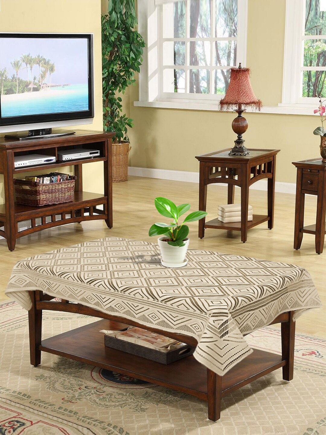 Kuber Industries Cream-Coloured Argyle Printed 4-Seater Rectangle Cotton Table Cover